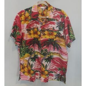 Rina Mens Beach Sunset Hawaiian SS Button Down Silky Bahamas Shirt Size Medium
